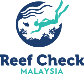 Reef Check Malaysia logo, featuring a scuba diver swimming over a coral reef with fish.