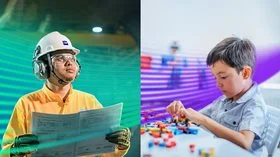 Industrial worker holding blueprints and a different image of a child playing with blocks.