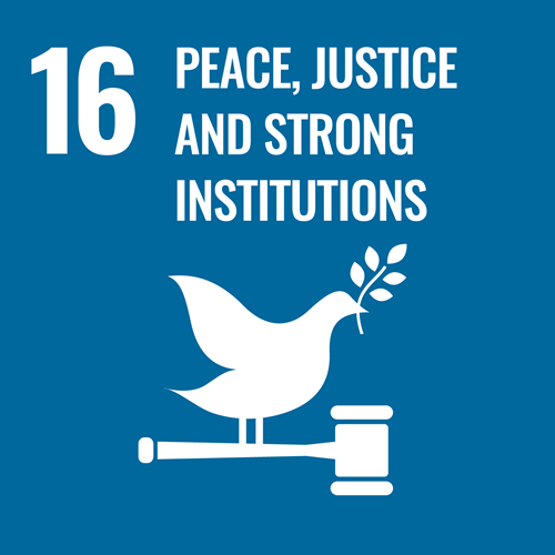 UN Sustainable Development Goal 16: Peace, Justice, and Strong Institutions logo.